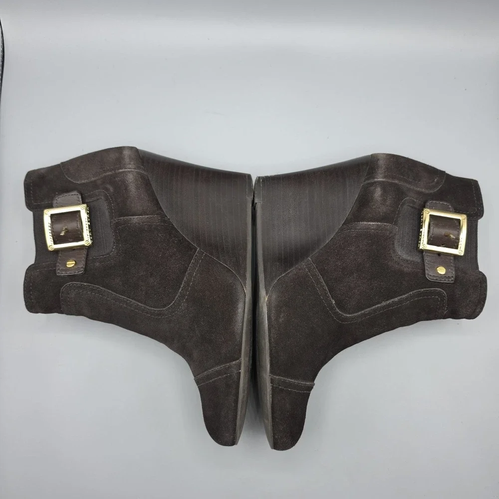 Tory Burch Deanna Booties‎ Womens 10.5 Brown Suede Distressed Wedge Buckles